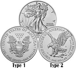Type 1 and Type 2 obverse designs Silver American Eagle Coins